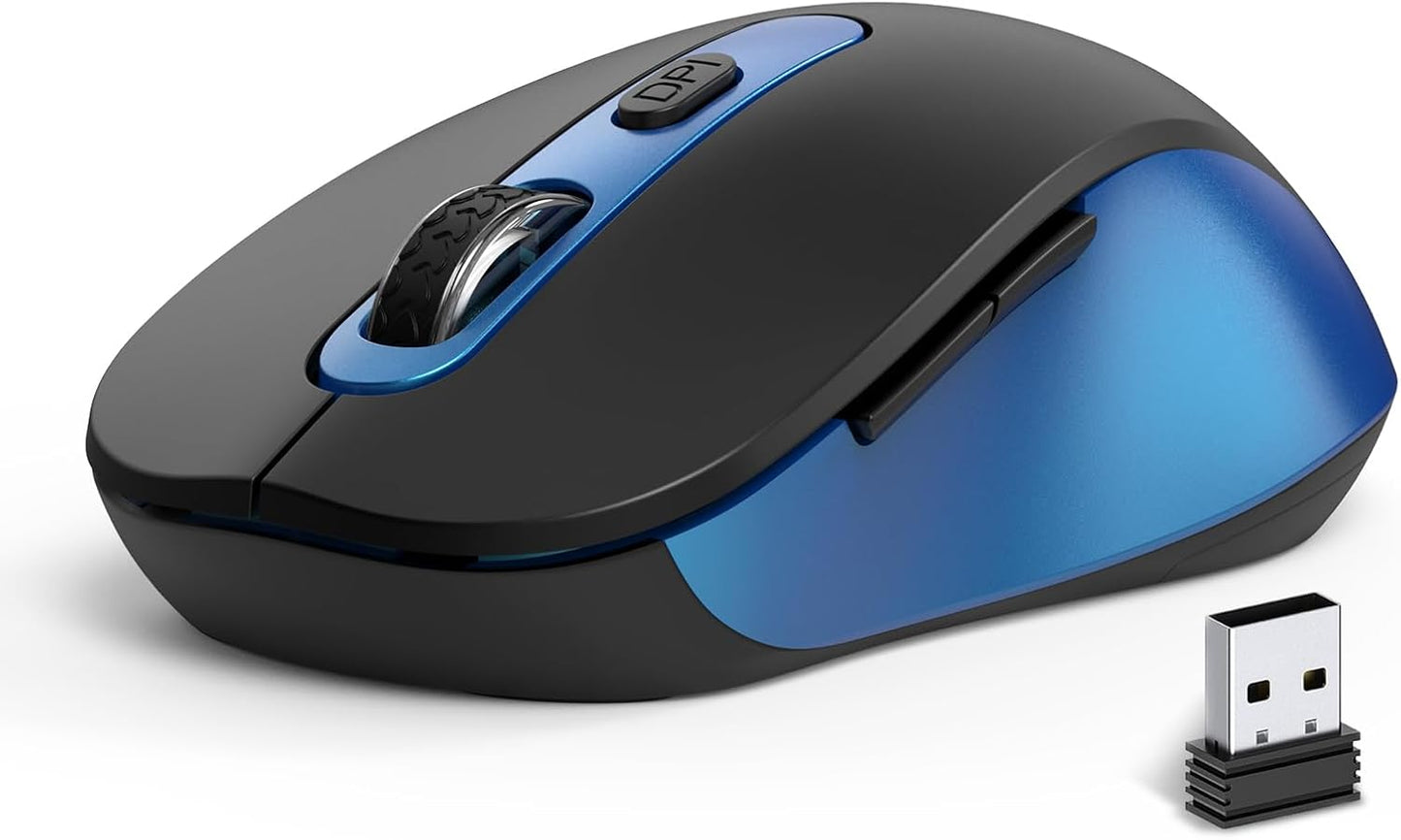 Wireless Mouse for Laptop, PC, Chromebook, Mac, MacBook, Silent Mouse with USB Nano Receiver, Side Button, 2400 DPI, Anti Slip Roller, 6 Button Ergonomics Cordless Computer Mice - Black Blue