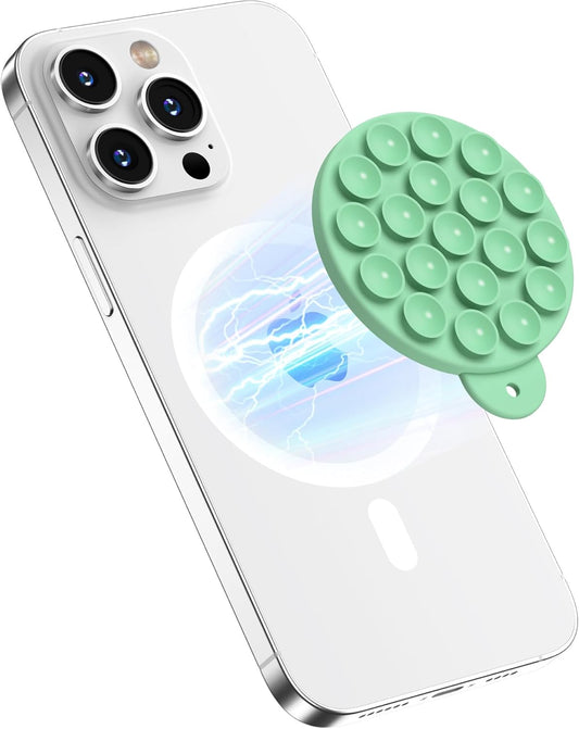 Magnetic Suction Cup Phone Mount for MagSafe Case, Silicone Hands-Free Grip Holder for iPhone and Android, Mirror Shower Phone Stand for Makeup FaceTime Gym Kitchen Bathroom, Spearmint Green