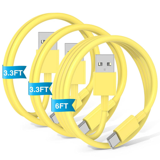 3-Pack Yellow [3.3FT+3.3FT+6FT] USB A to USB C Cable，USB to USB C Car Carplay Cable for iPhone 16 15 Pro Plus Pro Max，for iPad Pro/Air/Mini，for Samsung S24/S23/S22/S21，for MacBook Pro/Air and More