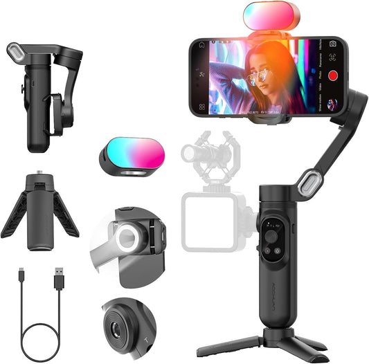 Handheld Gimbal Stabilizer for iPhone 15/14 Android Phone 3-axis Phone Stabilizer for Video Recording Vlogging, Smartphone Gimbal w/RGB Light,AI Tracking for TikTok YouTube(Smart X Kit Black)