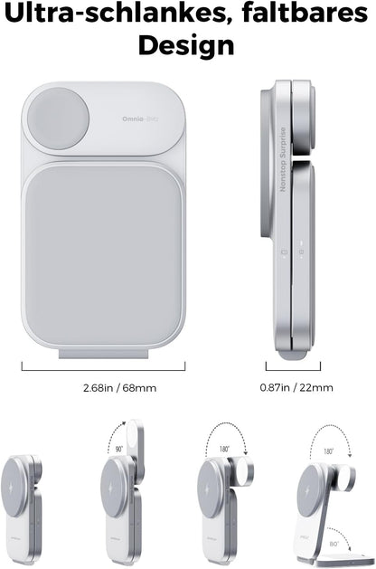 MagFusion Z 3-in-1 Charging Station Compatible with MagSafe, Qi2 Certified 15W Wireless Foldable Charger, for iPhone 16/15/14/13/12, AirPods 4/3/2/Pro, Apple Watch Charger, Silver