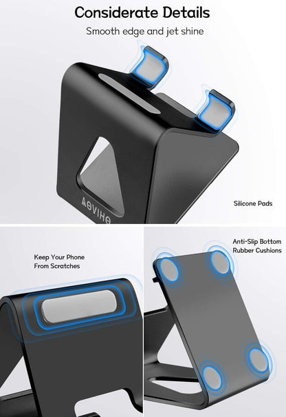 Cell Phone Stand for Desk, Desktop Phone Holder, Aluminum Mobile Phone Stand for iPhone 15 14 13 12 pro Mini 11 X Xr Xs max 8 7 6 6s Plus Samsung Galaxy S21 Ultra All Smart Phones, Black
