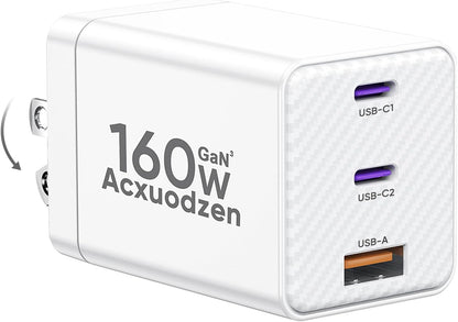 USB C Charger Block 160W, 3-Port GaN Super Fast Charger, Dual 65W Type C Charging Block, Foldable QC3.0 Laptop Fast Charging for MacBook, iPhone, Samsung, Galaxy, iPad, Android, White (1 Pack)