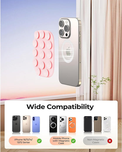 Magnetic Phone Suction Grip, Shower Phone Holder for MagSafe, Octo Phone Sticky Buddy Suction Grip for iPhone 16 15 14 13 12, Birthday Christmas for Women Pink