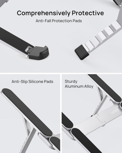 【Innovative & Ultra Compact】SODI Foldable Laptop Stand for Desk, Lightweight Portable Tablet Holder for Business Travel, Cafe, 6 Level Height Adjust Computer Holder for MacBook, Tablet 10-16", Silver