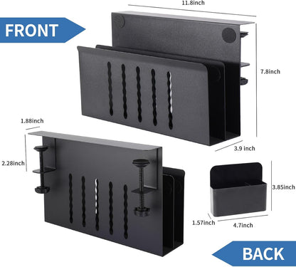 2 Tier Desk side storage, Desk Laptop Holder with Magnetic Pen Holder, No Drill Hanging Table Organizer for Office and Home Fits Flat Edge 0.3" to 2.3"