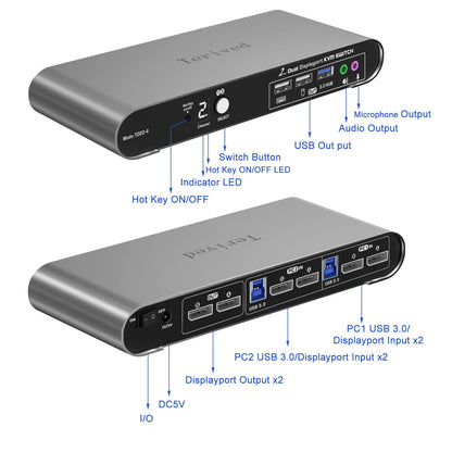 2 Port DP USB 3.0 Automatic KVM Switch Dual Monitor 4K@144Hz Two Computers Two DisplayPort Monitors switcher, 8K@30Hz, Aluminum hotkey Audio mic, Digital Display, HDR10 with Cables