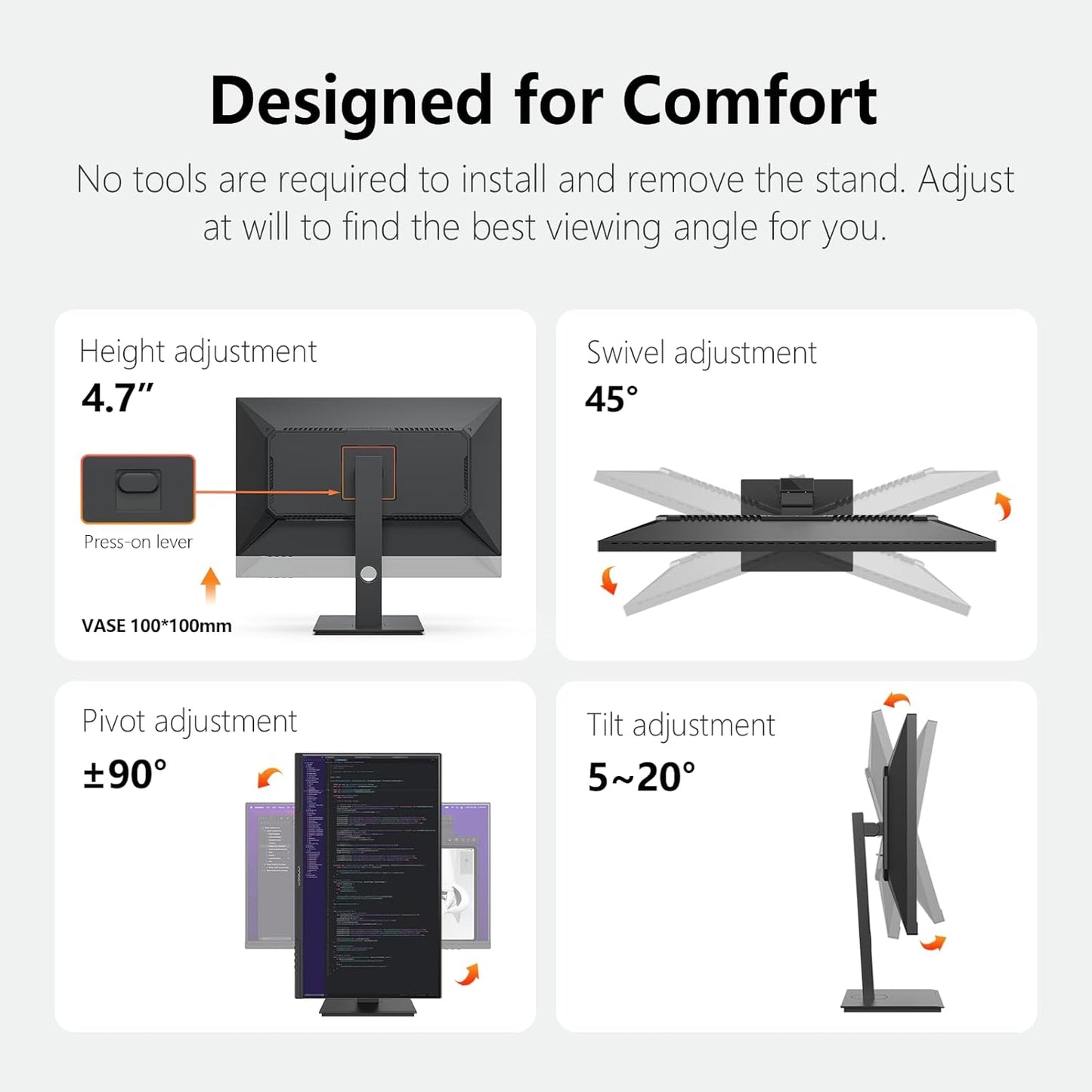 INNOCN 27" 2K 1440P QHD Monitor 100Hz IPS PC Computer Monitor for Mac Laptop, 65W USB C, HDMI, DP, Built-in Speaker, Eyes Care, Height/Pivot Adjustable, VESA Mountable - Black, 27D1Q