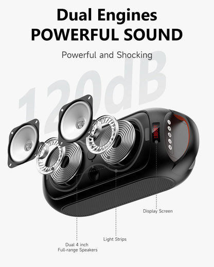 Portable Bluetooth Speakers with 120dB Loud Sound|Beat-Driven Light Show, 5 RGB Modes, Bluetooth 5.3, USB/TF/AUX/FM/Mic Input/TWS | Portable for Party, Camping, Tailgating, Backyard, Indoor Gatherings