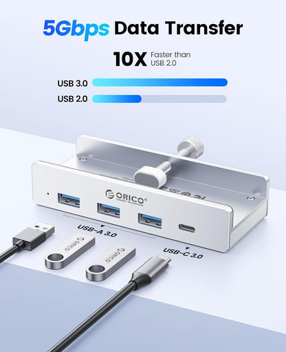 ORICO USB Hub 3.0, Clamp USB Hub with Extra Power Port, 3 USB-A Data Ports, USB-C Port for Monitors, Desks(Silver)