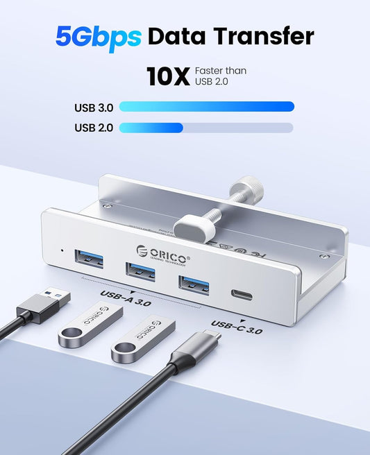 ORICO USB Hub 3.0, Clamp USB Hub with Extra Power Port, 3 USB-A Data Ports, USB-C Port for Monitors, Desks(Silver)