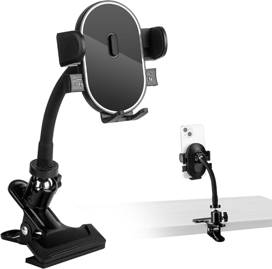 ROCKFREE Clip Phone Holder with 360° Gooseneck Arm & Auto-Locking Clamp,Short/Medium/Long Arm Options for Desk, Mic Stand, Table,Treadmill – Fits 4-7" Smartphones(Medium-5.9 inch Arm)