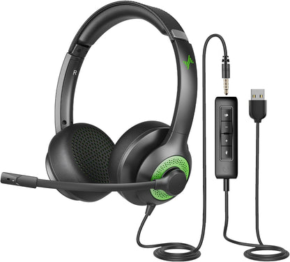 USB Headset with Mic for PC, On-Ear Computer Laptop Headphones with Noise Cancelling Microphone in-line Control for Home Office Online Class (USB+3.5mm, Green)