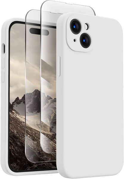 FireNova Designed for iPhone 15 Plus Case, Silicone [Camera Protection] Case with [2 Screen Protectors], Soft Anti-Scratch Microfiber Lining Inside, 6.7 inch, White
