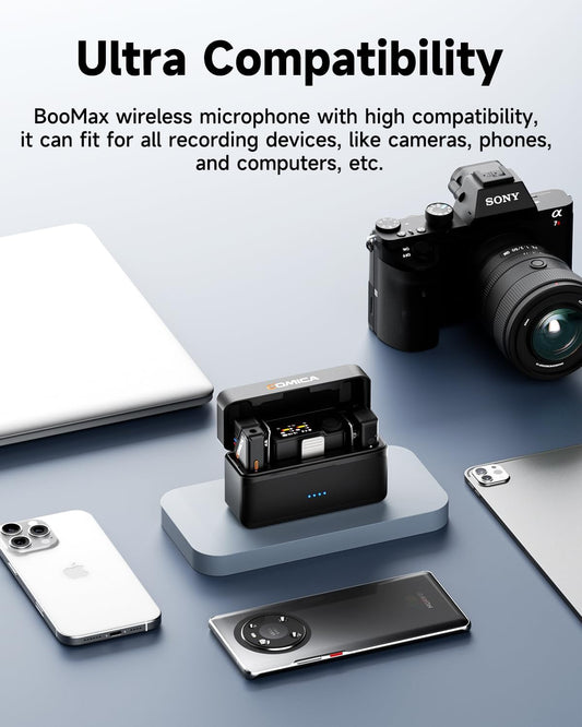 COMICA BooMax Wireless Lavalier Microphone for iPhone/Android/Camera/Camcorder/PC, Dual Lav Mic with 48kHz/32-bit Audio, 32GB Storage, Touchscreen, Lapel Mic for Video Recording, Streaming, Podcast