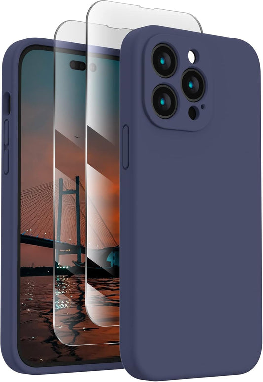FireNova for iPhone 14 Pro Case, Silicone Upgraded [Camera Protection] Phone Case with [2 Screen Protectors], Soft Anti-Scratch Microfiber Lining Inside, 6.1 inch, Navy Blue