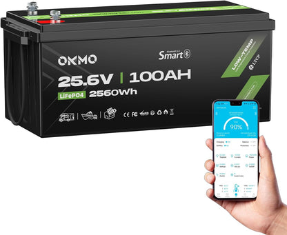 OKMO 24V 100Ah LiFePO4 Lithium Battery with Bluetooth for Marine, Trolling Motor, RV, 10 Years 15000+ Deep Cycles, 25.6V Iron Phosphate for Home Solar Energy Storage Off-Grid