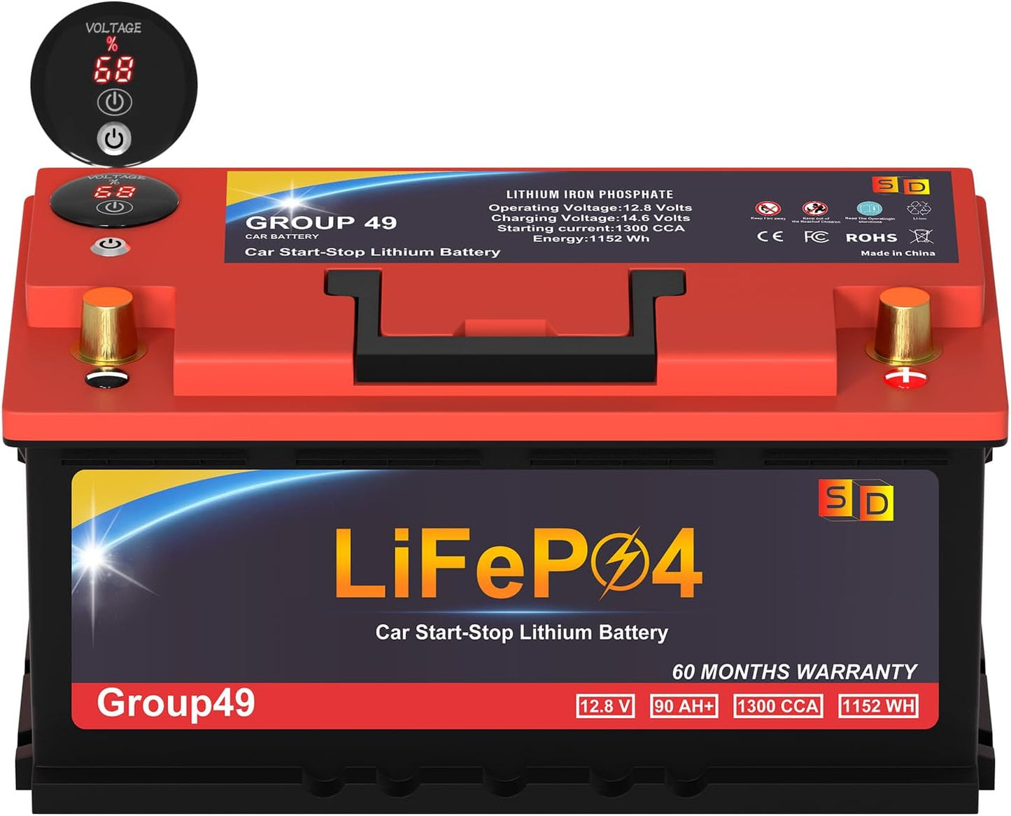Car Battery GROUP 49 Start and Stop Lithium-ion Car Battery, 12.8V 90Ah 1300CCA LiFePO4 Automotive Battery For Car, With LED Display and Emergency Start Button 60 Months Warranty