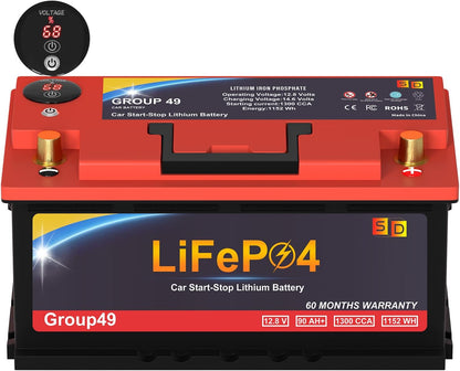 Car Battery GROUP 49 Start and Stop Lithium-ion Car Battery, 12.8V 90Ah 1300CCA LiFePO4 Automotive Battery For Car, With LED Display and Emergency Start Button 60 Months Warranty