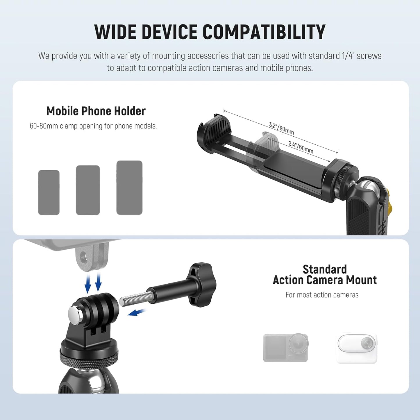 Neewer Magnetic Action Camera Car Mount Kit with Magic Arm Stand & Phone Holder Attachment Compatible with GoPro Hero 13 12 11 10 Go Pro Max DJI Action Insta360 iPhone 16 Pro Max S24 Ultra, GP-40