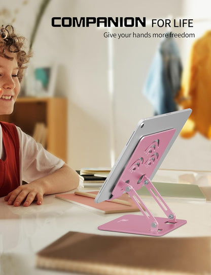 Adjustable Tablet Stand for Desk, Premium Aluminum Holder for iPads, Tablets, Kindles, Switch, Phones, and All Devices up to 12 Inches. Portable and Foldable, Pink, Pro Size