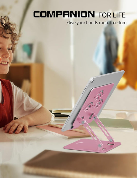Adjustable Tablet Stand for Desk, Premium Aluminum Holder for iPads, Tablets, Kindles, Switch, Phones, and All Devices up to 12 Inches. Portable and Foldable, Pink, Pro Size