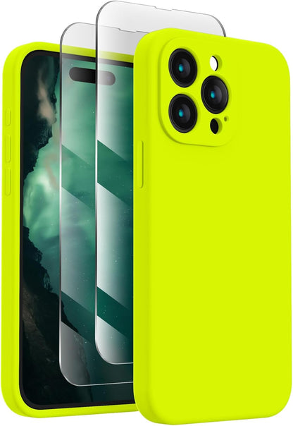 FireNova Designed for iPhone 15 Pro Case, Silicone Upgraded [Camera Protection] Phone Case with [2 Screen Protectors], Soft Anti-Scratch Microfiber Lining Inside, 6.1 inch, Fluorescent Green