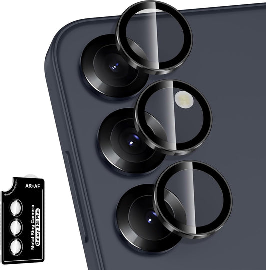 for Samsung Galaxy S25 Plus Camera Lens Protector, Individual Metal Ring Tempered Glass Lens Cover, [Strong Adsorption] Scratch Resistant Ultra-Thin HD Clear Lens Cover, 1 Set-Black Ring
