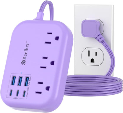 6 USB(3 USB C) Purple Travel Power Strip- 5Ft Purple Extension Cord with USB Charging Station 24W and 3 Outlets, Pink Desk Accessories for Cruise Travel Cute Kawaii Lavender Home Office Dorm Room