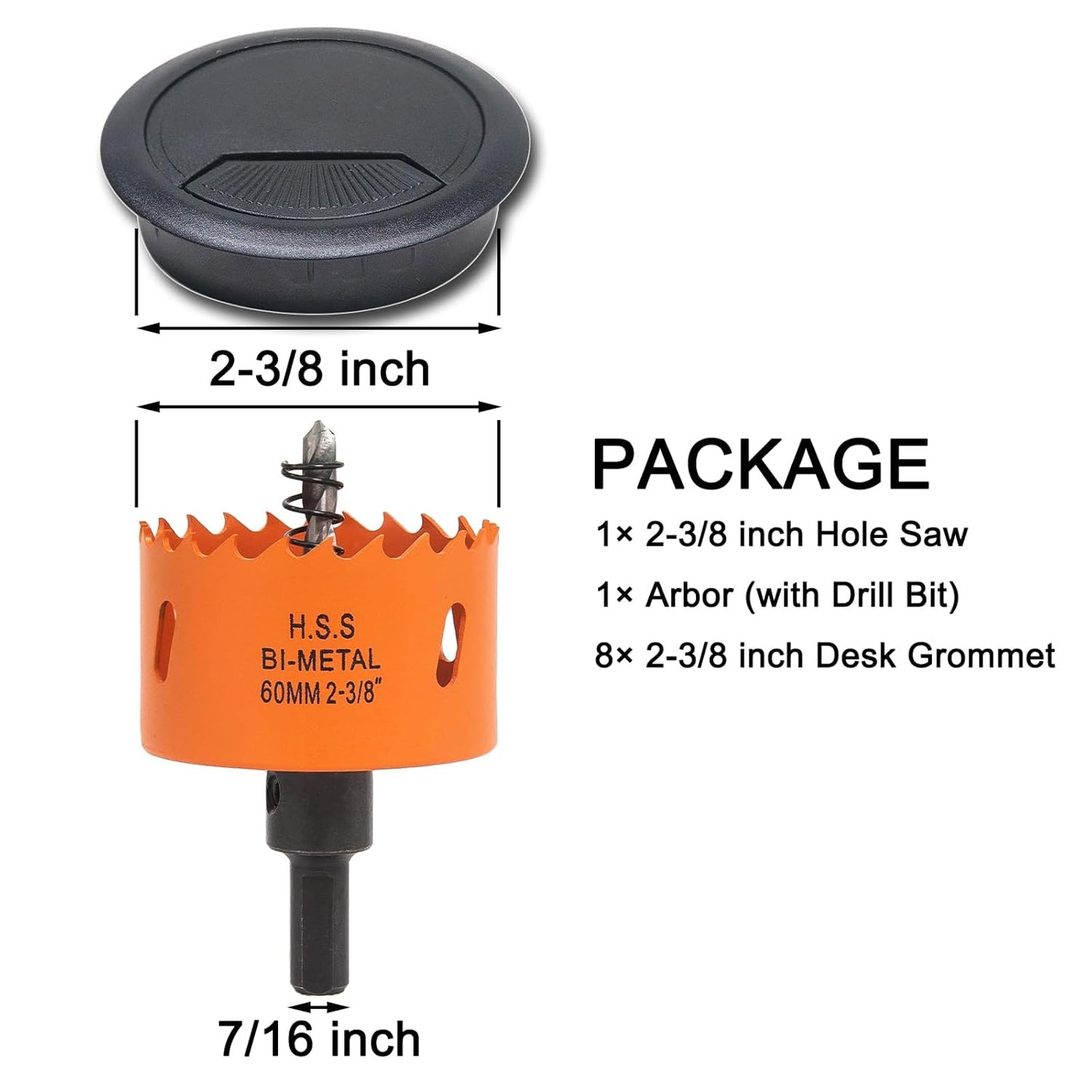 Desk Grommet 2-3/8 inch with Hole Saw, Desk Cord Hole Cover Grommet for Cables, 8 PCS, Black