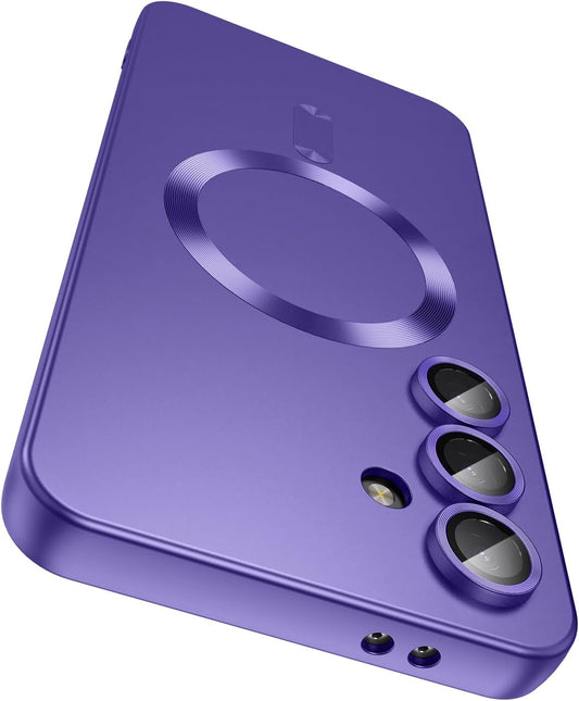 Magnetic for Samsung Galaxy S24 FE Case [Compatible with MagSafe][Built-in Camera Lens Protector] Slim Soft Silicone Bumper Shockproof Metallic Luster Phone Cover (Purple)