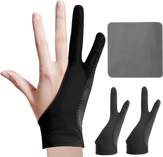 Digital Drawing Glove: 3-Layer Palm Rejection, Two-Finger Artist Glove for Drawing Tablet, iPad, Paper Sketching, Fits Left and Right Hand, Includes Cleaning Cloth (2-Pack, Medium, Black)