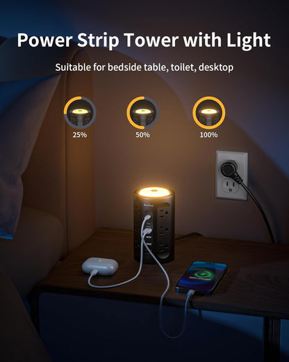 Power Strip Tower with Night Light, Power Strip Surge Protector with USB Ports, Extension Cord 10 FT with Multiple Outlets (12AC+3A+2C) for Home Office Desk DormRoom (Black)
