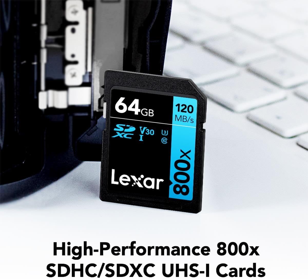 Lexar High-Performance 800x 64GB (2-Pack) SDXC UHS-I Memory Cards, C10, U3, V30, Full-HD & 4K Video, Up to 120MB/s Read, for Point-and-Shoot Cameras, Mid-Range DSLR, HD Camcorder (LSD0800064G-B2NNU)