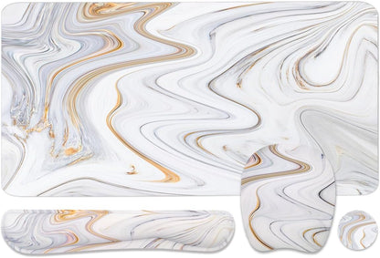 Keyboard Wrist Rest Large Mouse Pad Wrist Support for Computer, 4 in 1 Memory Foam Keyboard Pad Desk Mat Ergonomic Hand Rest Wrist Cushion for Home Office Gaming-White Marble