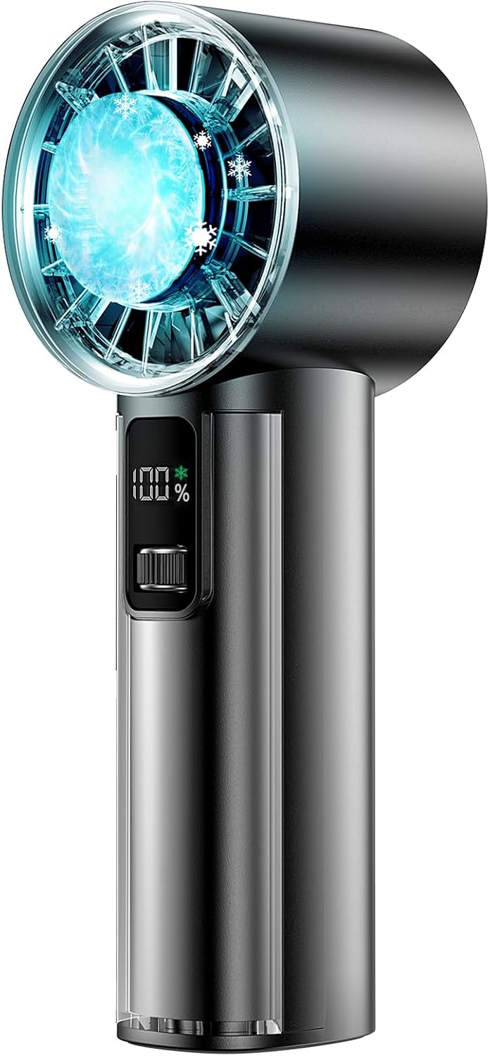 PANERGY High Speed Handheld Fan with Ice Cooler,1-100 Speed Adjustable Mini Turbo Fan, 4000mAh Battery Rechargeable & Digital Display,Gifts for Women Men Travel/Office/Beach/Camping(Black)
