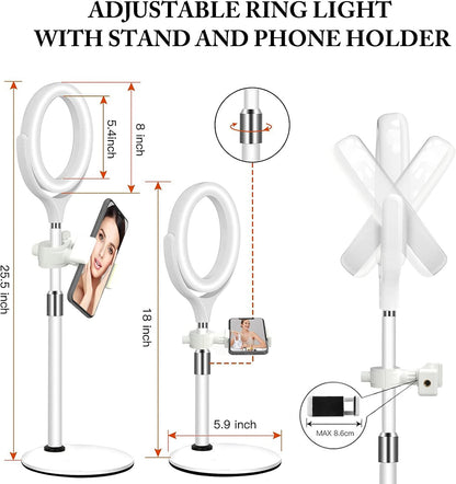 8 inch Desk Ring Light with Stand, Adjustable Computer Circle Light for Video Conference Lighting, Zoom Calls, Virtual Meeting, Video Recording, Selfie Light with Phone Holder for Streaming, Podcast