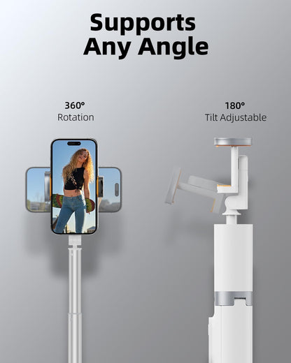 TODI 63" Phone Tripod, Extendable Selfie Stick with Wireless Remote and Phone Holder, Portable All-in-1 Cell Phone Tripod Stand for Video Recording, Compatible with iPhone/Android (White)