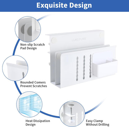 LUKETURE Laptop Holder, Steel Desk Side Storage, No Drill Standing Desk Accessories, Clamp on Laptop Mount with Pen Holder, Fits Flat Edge Tables 0.3" to 2.8" (White, L(2 Tier))