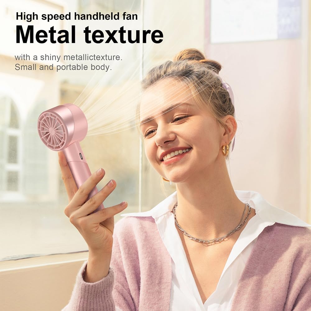 Handheld Fan, Mini Small Portable Turbo Fan, USB Type-C Rechargeable with 4 High Speeds Personal Fans, Max 16 Hours Working Time, Small Hand Fan for Travel, Camping, Office, Home, Outdoor - Pink