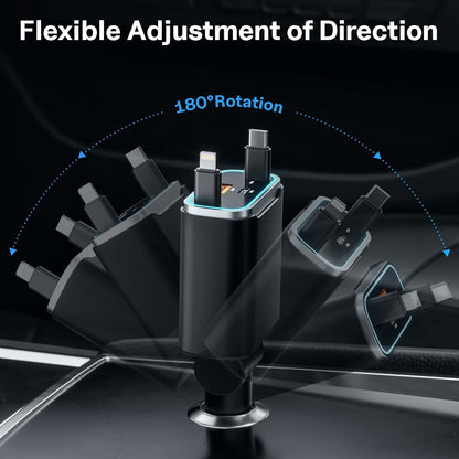 iPhone Car Charger, 4 in 1 Retractable Fast Car Phone Charger Adapter 131W, Retractable Cables (31.5 inch) & 2 USB Ports for iPhone 16/15/14/13/12/11 Pro/Samsung