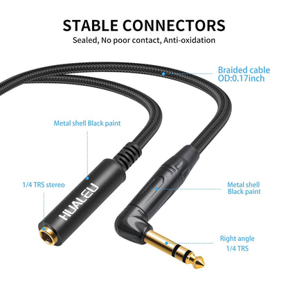 HUAELU 2Pack 1FT Right Angle Audio Cable, Male to Female, 6.35mm TRS Stereo to 1/4 Female Stereo Headphone Guitar Extension Cable Cord for Amplifiers