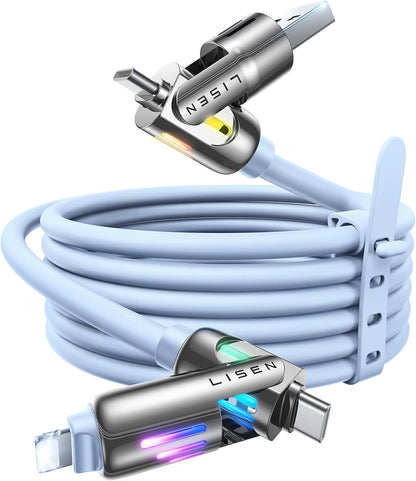LISEN iPhone Cords Fast Charging 6 FT, 4 in 1 Charging Cable with Light, Chubby USB A/C to C/L Multi Charging Cable for iPhone 16 15 14 Pro Max/MacBook/iPad Pro/SamSungS25, Sky Blue iPhone Cord