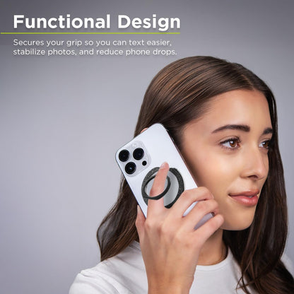 PureGear Magnetic Phone Grip Ring Stand, Magnetic Phone Ring Holder for MagSafe iPhone 16, 16Pro, 16Plus, 16ProMax, 15, 15Plus, 14, 14ProMax, 13, 12, Adjustable Kickstand(Brushed Black Glitter)