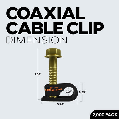 BEST CONNECTIONS Coaxial Cable Clips with Pre-Inserted Screw (2,000 Pack) – Black Single Cable Mounting Clamps for Coax Cable (RG6, RG59) and Ethernet Cable – Cord Fastener/Strain Relief Clip