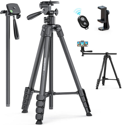 73"-Phone-Tripod-with-Horizontal-Overhead, Selfie Stick/Tall Travel Stand with Wireless Remote and iPhone Holder, Mirrorless/Compact/GoPro/Camera/Compatible/iPhone/Smartphone