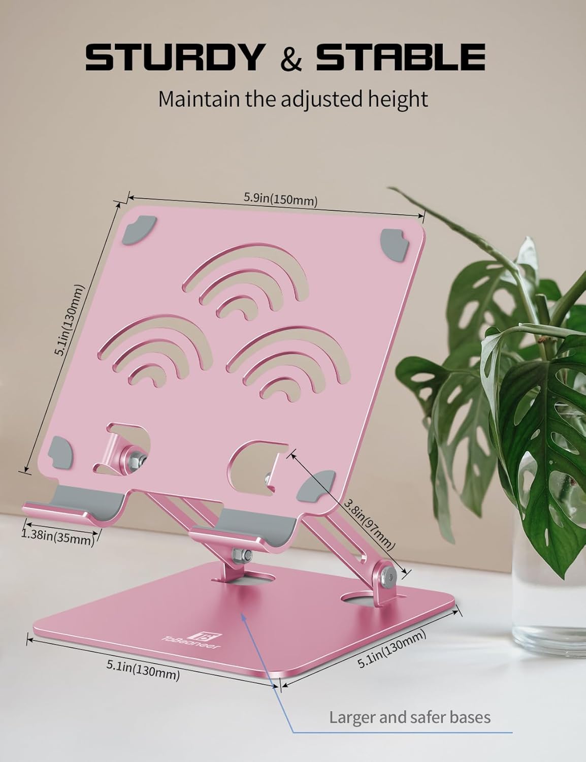 Adjustable Tablet Stand for Desk, Premium Aluminum Holder for iPads, Tablets, Kindles, Switch, Phones, and All Devices up to 12 Inches. Portable and Foldable, Pink, Pro Size
