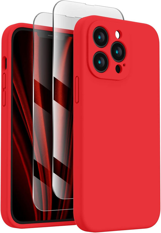 FireNova Designed for iPhone 13 Pro Case, Silicone Upgraded [Camera Protection] Phone Case with [2 Screen Protectors], Soft Anti-Scratch Microfiber Lining Inside, 6.1 inch, Red