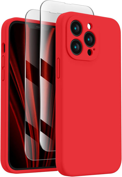 FireNova Designed for iPhone 13 Pro Max Case, Silicone [Camera Protection] Phone Case with [2 Screen Protectors], Soft Anti-Scratch Microfiber Lining Inside, 6.7 inch, Red