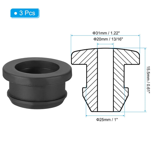 PATIKIL 25mm / 1 Inch Drill Hole,13/16 Inch ID Rubber Grommets, 3Pcs Top Hat Grommet for Wiring Eyelet Ring Gasket Automotive Firewall Cable Hole Plugs Wires Protection, Black